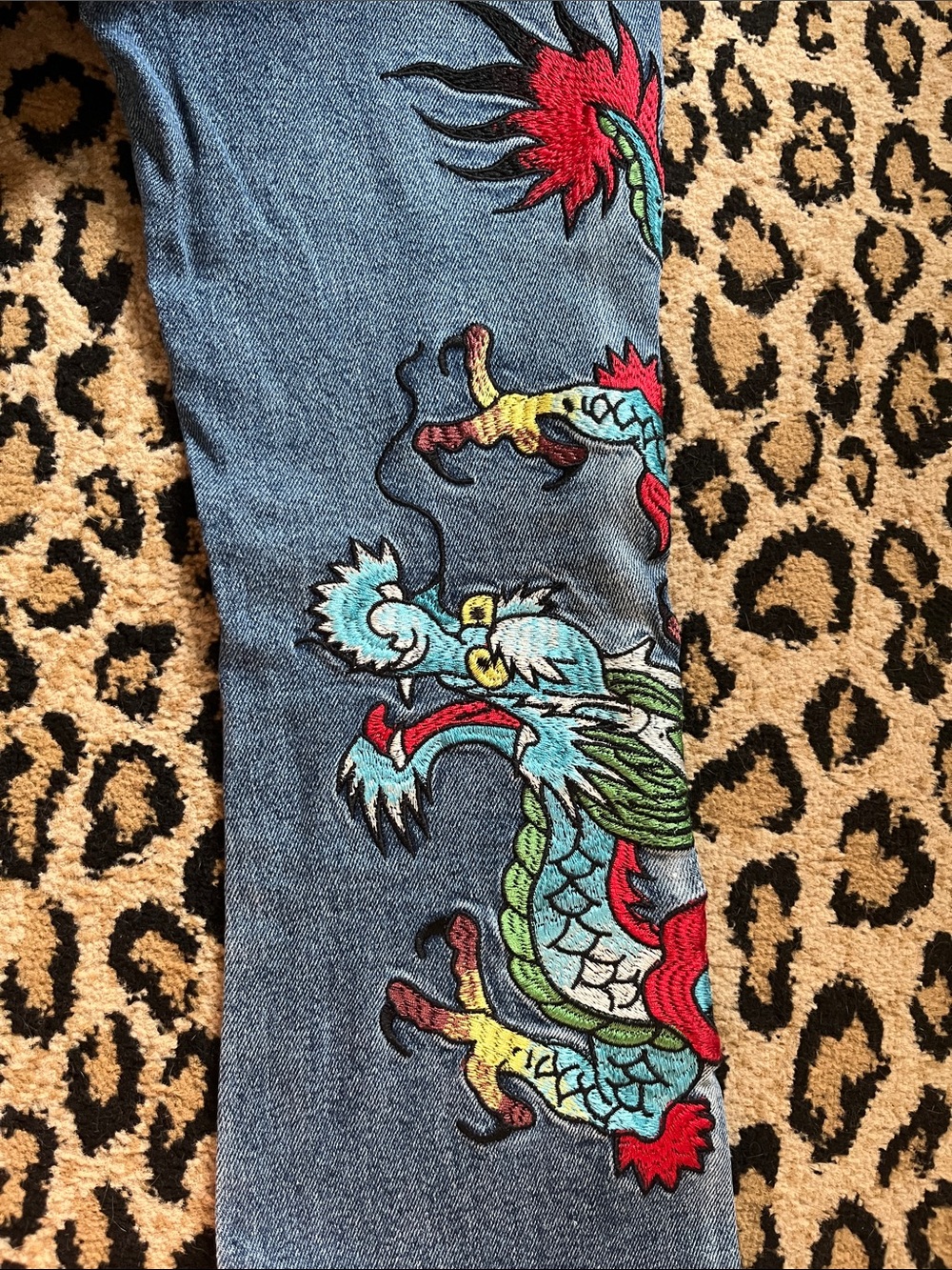 Ed Hardy Blue Denim Flare Jeans with Red Logo & Embroidered Dragon - Picture 10 of 11